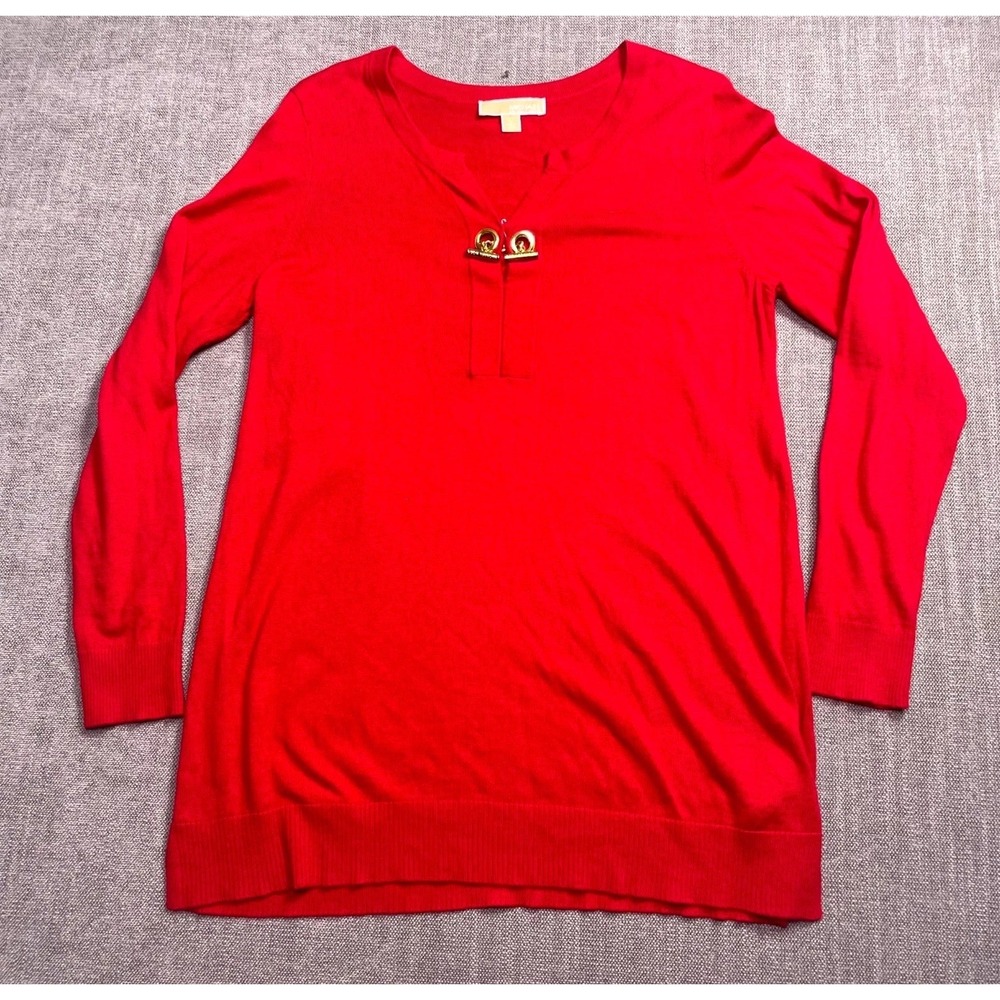 Michael Kors Sweater Womens Large Red Knitted Gold Toggle Clasp Long Sleeve